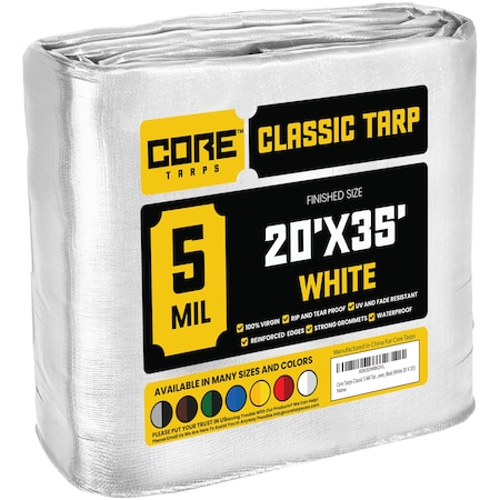 Core Tarps Heavy Duty Tarp, 35 ft L x 0.5 mm H x 20 ft W, 5 Mil, White, Polyethylene CT-504-20X35